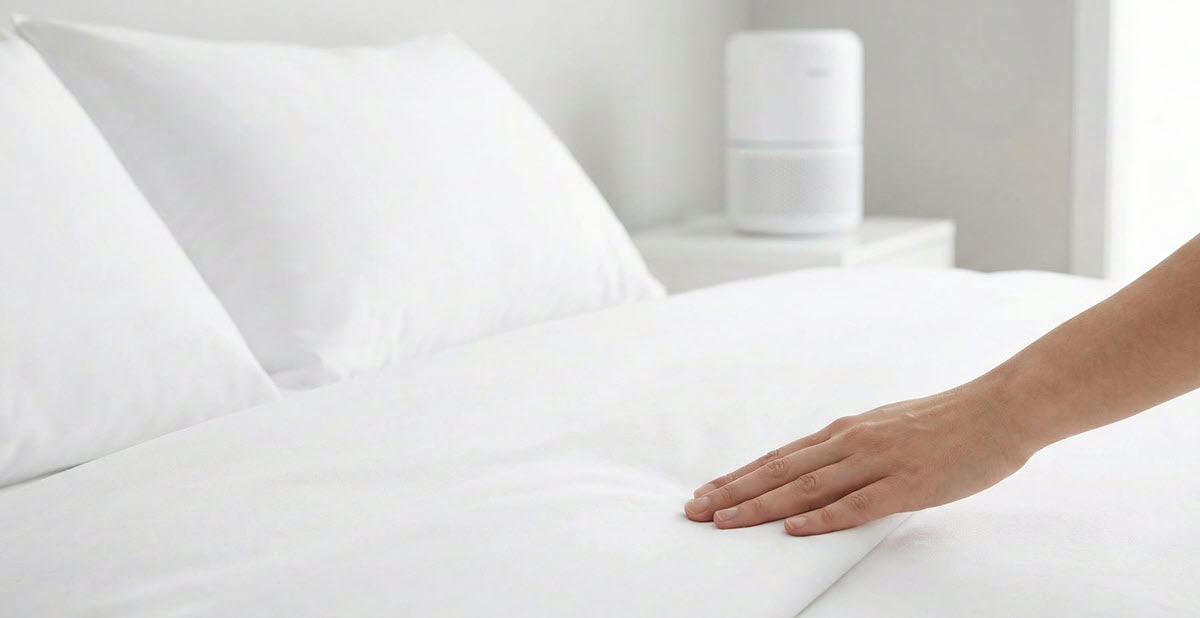 Frau wacht erholt in einem hygienisch sauberen, weissen Bett auf