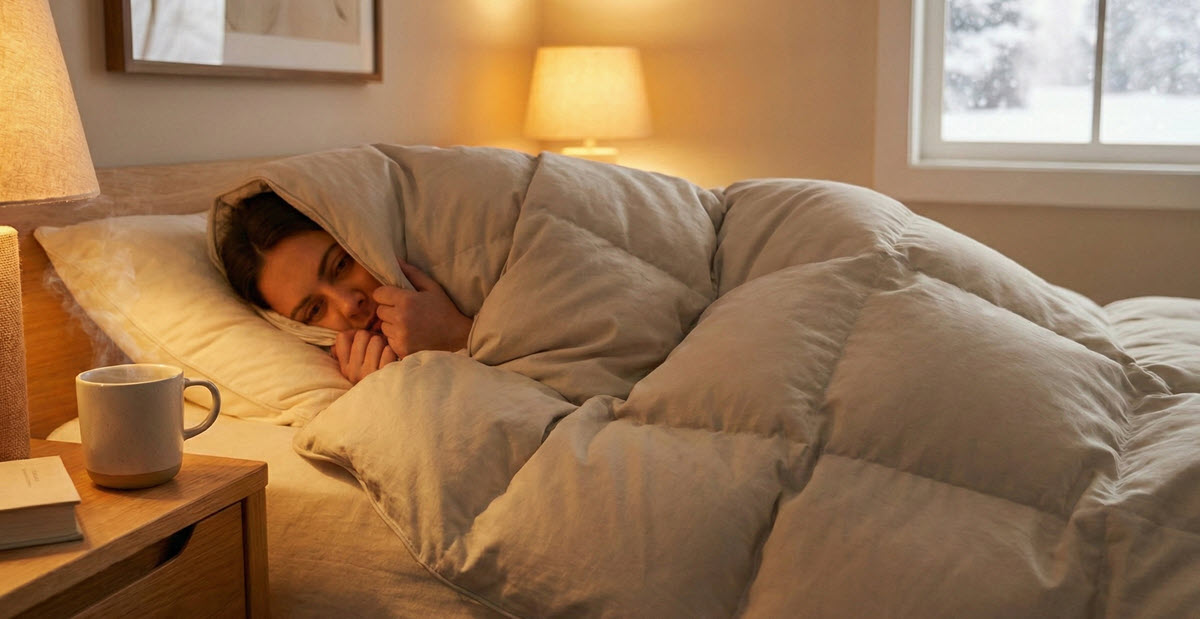 Frau schläft warm zugedeckt unter einer Winterbettdecke